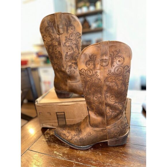 ROPER Womens Tall Stuff Embroidery Snip Toe Casual Boots Mid Calf - Picture 1 of 9